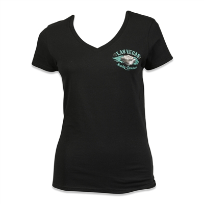 Black Cotton Ladies V-Neck Las Vegas Harley t-Shirt w & Winged Logo